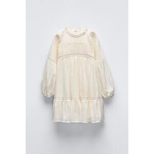 ZARA Girls Ecru Cream Neutral Sparkley Lace Insert Long Sleeve Dress size 13-14
